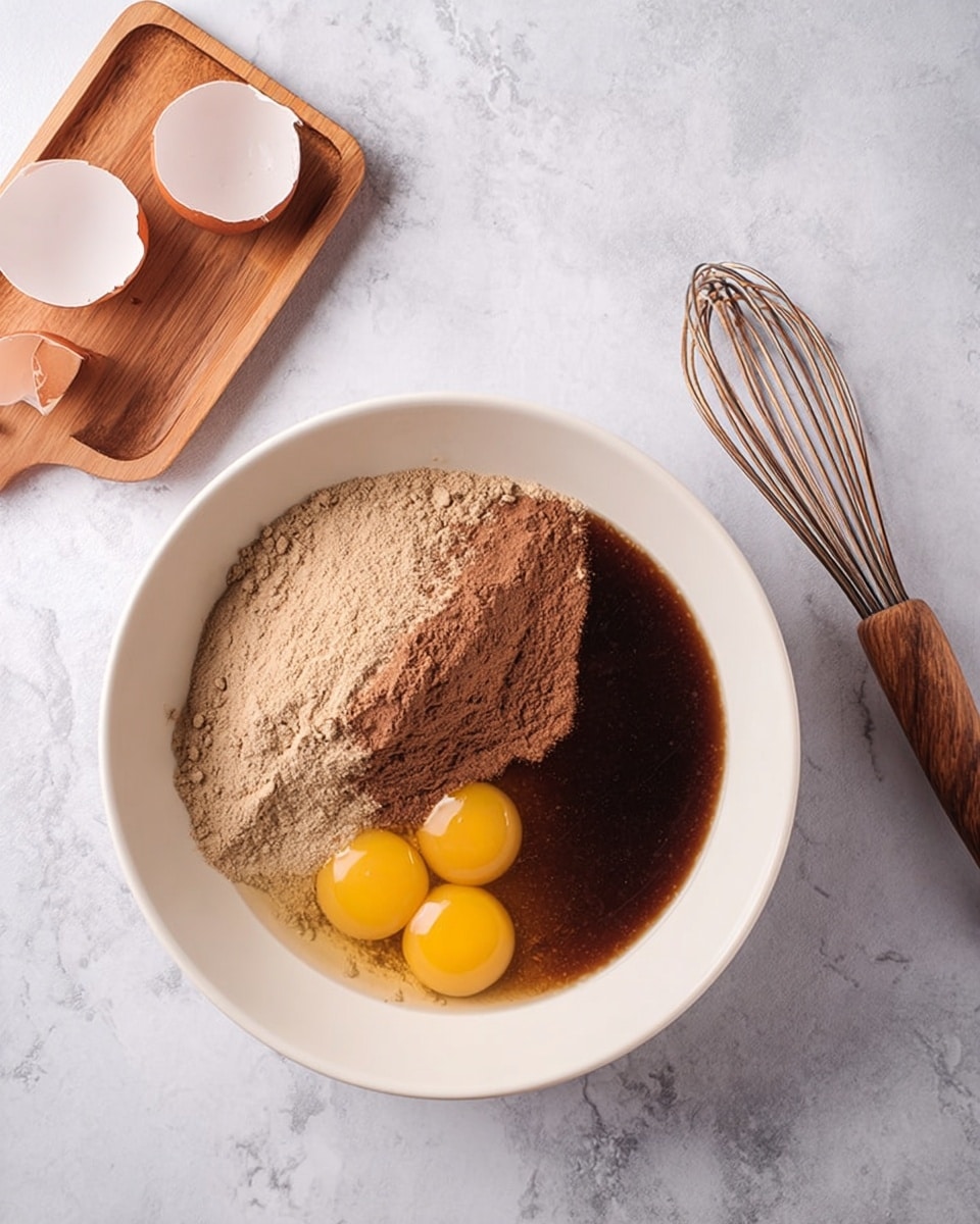 A white bowl sits on a white marbled surface, filled with three main layers: a large area of light brown powder on one side, a dark brown liquid syrup next to it, and two raw egg yolks with translucent egg whites positioned close to the syrup. Nearby, on the left side of the frame, a wooden tray holds two cracked eggshells, and a whisk with a wooden handle lies on the marbled surface. The scene shows ingredients ready to be mixed together photo taken with an iphone --ar 4:5 --v 7
