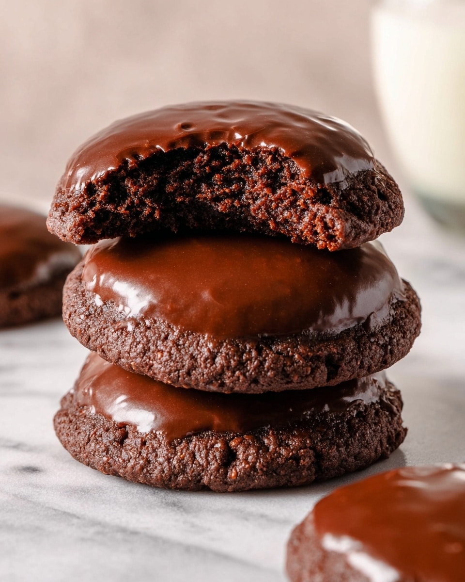 A stack of three round chocolate cookies with a shiny, smooth chocolate glaze on top of each cookie. The top cookie has a large bite taken out, showing a soft, slightly crumbly texture inside. The cookies are dark brown, with rough edges and a moist sheen. One cookie lays flat on the white marbled surface beside the stack, and a blurry cream-colored glass is visible in the lower left corner of the image. Photo taken with an iphone --ar 4:5 --v 7