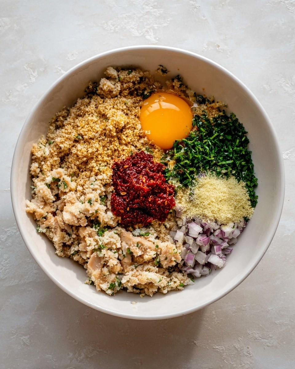 A white bowl sits on a white marbled surface, filled with seven separate layers of ingredients. In the bottom half, there is a layer of light beige crumbled texture mixed with small bits of purple onion. On the top left is a coarse golden-brown layer, next to a raw egg yolk with a bright yellow-orange color on the top right. Near the egg yolk, finely chopped green herbs fill a small space, while a pale yellow powder is sprinkled close by. In the center, a small heap of bright red paste rests atop the beige crumbled layer, with some finely chopped purple onions sprinkled throughout. The ingredients are arranged evenly without mixing photo taken with an iphone --ar 4:5 --v 7