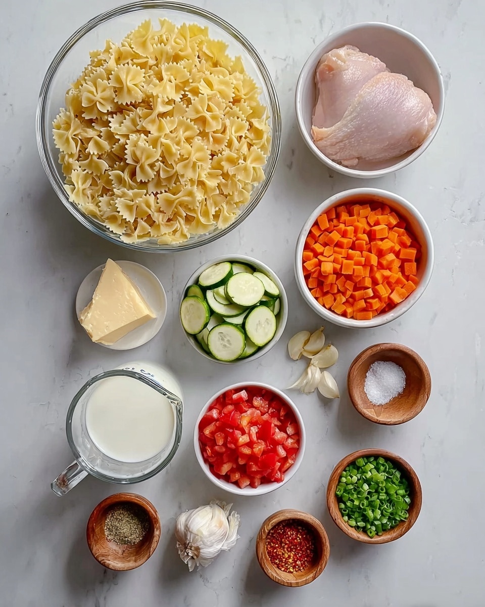 The image shows several clear glass and white bowls arranged neatly on a white marbled surface. There is one large bowl filled with uncooked farfalle pasta, another large bowl holding a raw chicken piece, and a glass measuring cup with milk. Surrounding these are smaller white bowls and wooden bowls containing chopped red tomatoes, diced orange carrots, chopped green scallions, sliced green zucchini, a small wedge of Parmesan cheese, a peeled garlic clove, red chili peppers, finely chopped green chiles, red chili flakes, and a brown seasoning. The colors range from light cream to vibrant reds, oranges, and greens, with textures that vary from smooth liquid to firm vegetables and raw meat. Photo taken with an iphone --ar 4:5 --v 7