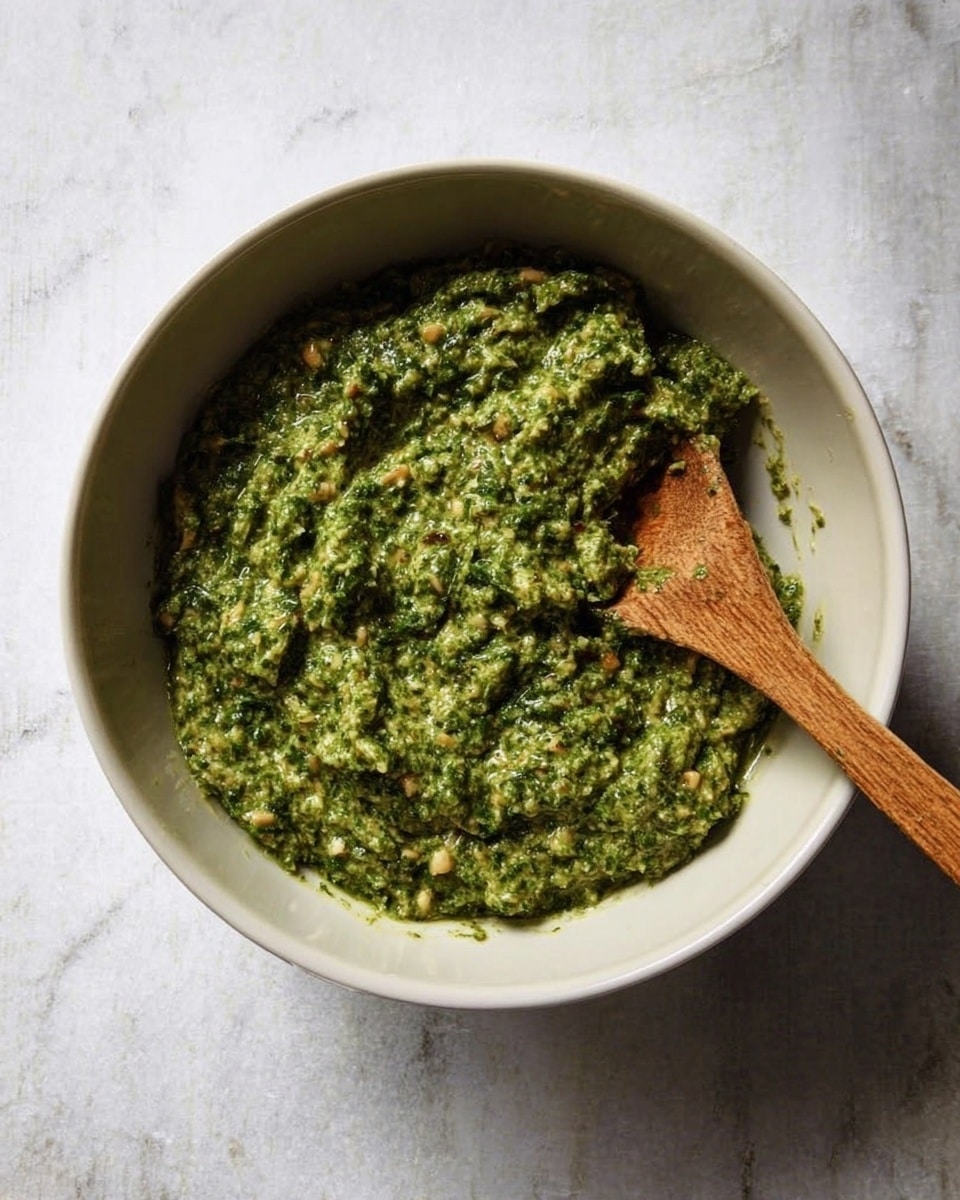 A white bowl filled with a coarse green mixture, likely a pesto or herb sauce, with small bits of nuts and herbs visible throughout. The texture looks thick and slightly chunky. A wooden spoon rests inside the bowl on the right side, partially covered by the mixture. The bowl is placed on a surface with a white marbled texture. photo taken with an iphone --ar 4:5 --v 7