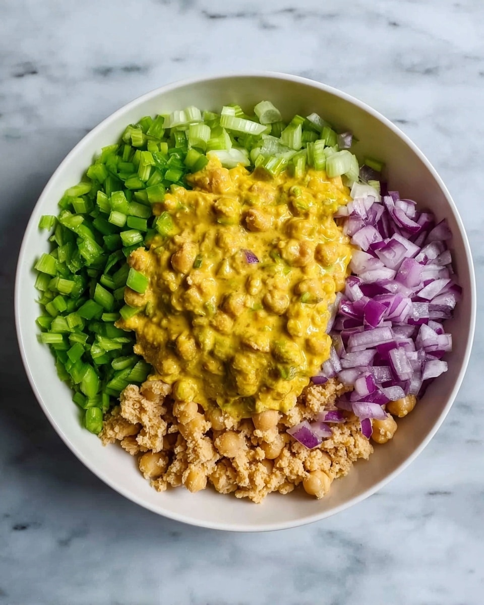 The image shows a white round bowl on a white marbled surface, filled with five layers of food arranged in sections. Starting from the left, there are finely chopped bright green celery pieces. Next to it, sliced green onions with a fresh green color. In the middle lies a thick layer of yellow sauce with visible small chunks. To the right, finely chopped purple-red onions add contrast. At the bottom, a layer of light brown cooked and crumbled chickpeas fills the bowl. The colors are vibrant, and the textures range from soft sauce to crunchy vegetables, all neatly separated. Photo taken with an iphone --ar 4:5 --v 7