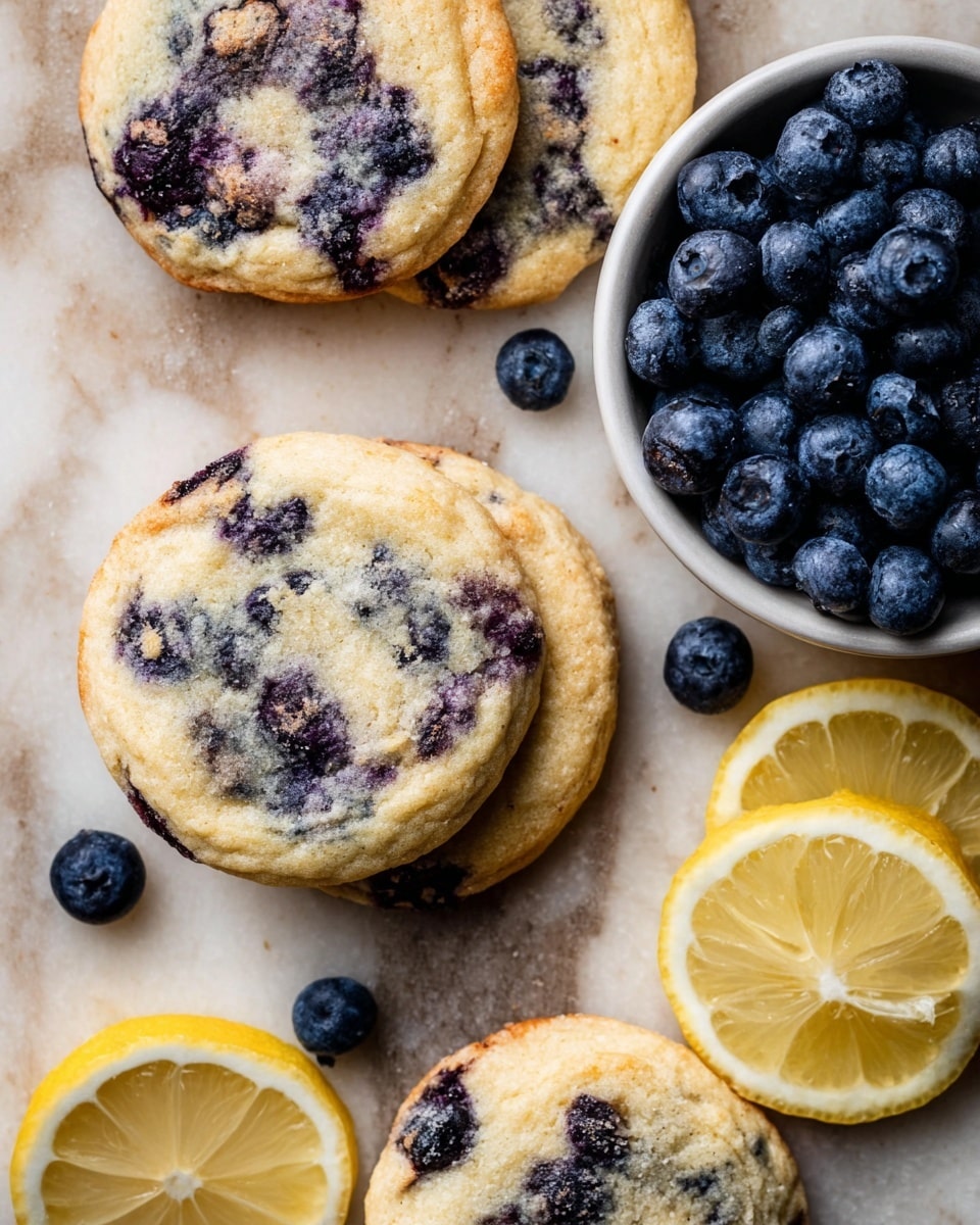 The image shows several round blueberry cookies with a light golden brown color and dark purple blueberry spots scattered unevenly on top, sitting on a white marbled surface. There is a white bowl filled with fresh dark blue blueberries on the right side. Two lemon slices with bright yellow color and visible texture are placed near the cookies on the bottom right and top right. Some loose blueberries are placed around the cookies adding a fresh touch. The overall look is cozy and rustic with soft lighting. photo taken with an iphone --ar 4:5 --v 7