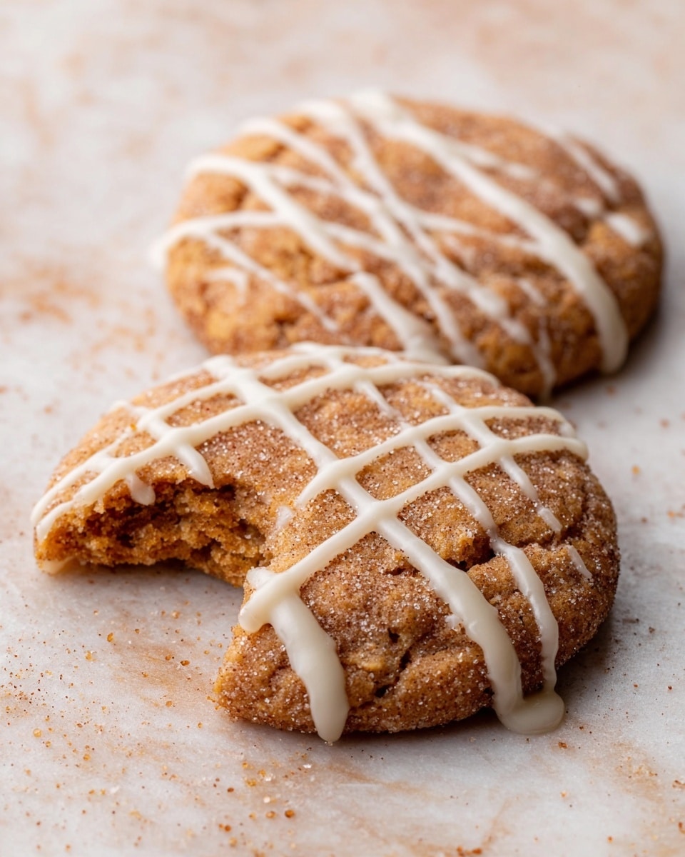 Two round cookies sit on a white marbled surface, both covered in a light layer of sugar and cinnamon giving them a warm brown color. The cookie in front has a bite taken out of it, showing a soft, textured inside with a slightly lighter color. Both cookies have thin drizzles of white icing neatly spread across their tops in a random, crisscross pattern. The overall look is warm and inviting with a soft, slightly rough texture. Photo taken with an iphone --ar 4:5 --v 7