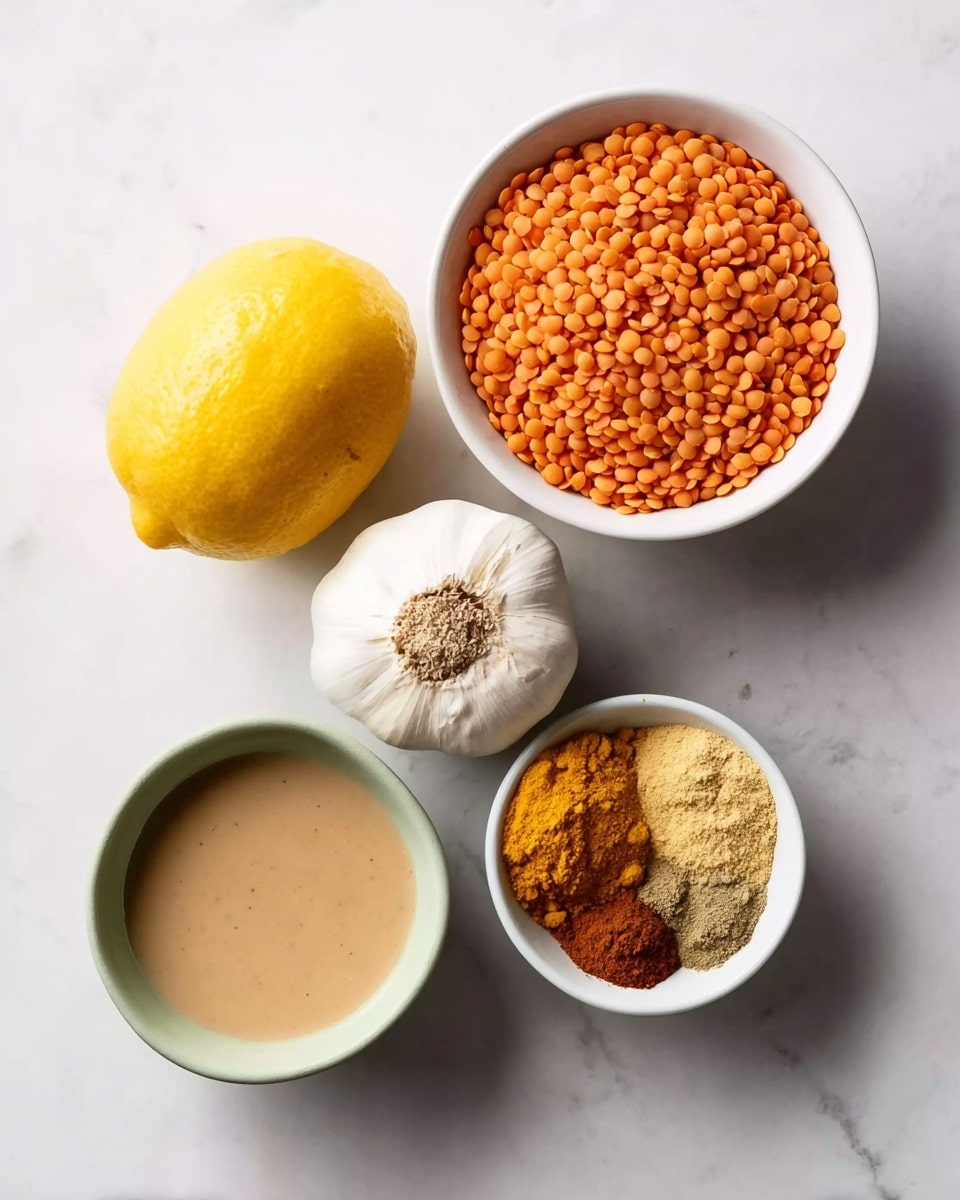 The image shows five ingredients arranged on a white marbled surface. At the top right is a white bowl filled with ground spices in five sections, including brown and yellow powders with fine textures. Below and slightly to the left is a larger white bowl filled with small, round, bright orange lentils. To the left of the bowls is a whole bright yellow lemon with a slightly textured skin. Below the lemon is a whole garlic bulb, white with a papery texture. At the bottom right, there is a small pale green bowl filled with a smooth beige liquid. photo taken with an iphone --ar 4:5 --v 7