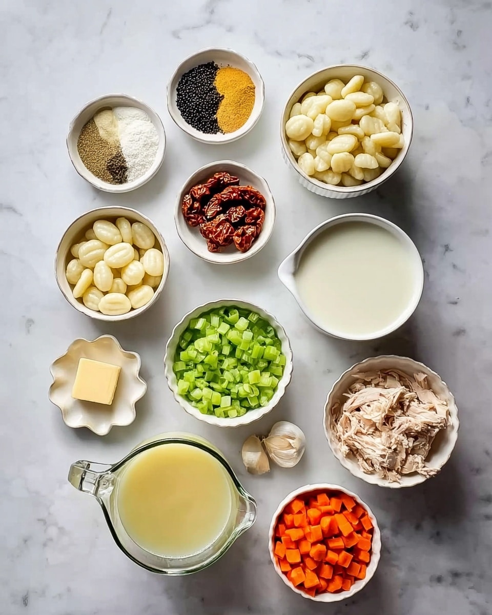 The image shows eleven small white bowls and containers arranged on a white marbled surface. In the upper left, a bowl holds three piles of spices in white, yellow, and black colors. Next to it is a small bowl with brown dried tomatoes or peppers, and next to that a bowl filled with white chunks, likely onions. To the right is a bowl with a white liquid, probably milk. Below the spices is a small bowl with chopped green celery. Next to it is a bowl filled with creamy off-white large gnocchi-like pieces, and beside that a tiny bowl with two peeled garlic cloves. In the middle lower row, a flower-shaped plate holds a small yellow block of butter. Next to it is a glass pitcher filled with a pale yellow broth or stock. Beside the pitcher is a bowl containing white cream. Below the cream is a bowl filled with small diced bright orange carrots. At the bottom right is a bowl with shredded cooked chicken, light brown in color. A white marbled surface forms the backdrop. Photo taken with an iphone --ar 4:5 --v 7