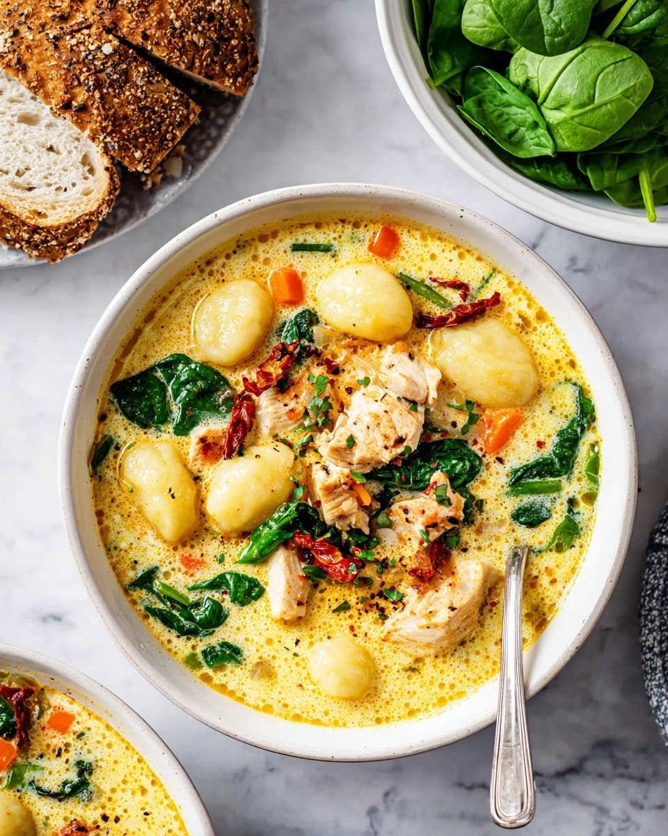 A white bowl filled with a creamy yellow soup that has visible oil droplets on the surface, containing several plump gnocchi pieces in pale yellow and chunks of light brown grilled chicken scattered throughout. There are bright green spinach leaves and pieces of diced orange carrots and light green celery in the soup, along with some small bits of red sun-dried tomatoes and herbs sprinkled on top. A silver spoon rests on the right edge of the bowl. Nearby is a white bowl filled with fresh, vibrant green spinach leaves and a white plate holding two slices of seeded bread, all set on a white marbled surface. photo taken with an iphone --ar 4:5 --v 7
