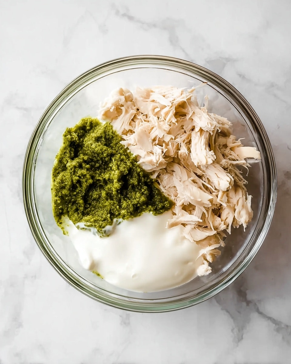 A clear glass bowl shows three layers of ingredients separate inside: shredded light beige chicken pieces on the right, a thick white creamy sauce at the bottom left, and a textured green paste on the top left. The bowl sits on a white marbled surface. Photo taken with an iphone --ar 4:5 --v 7