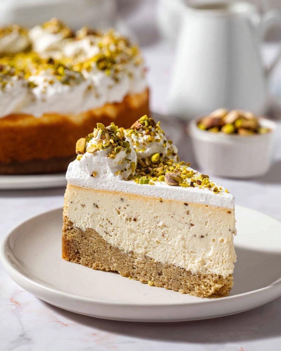 A close-up of a slice of cheesecake on a white plate is shown with three distinct layers: the bottom layer is a medium brown, crumbly crust; the middle layer is thick and creamy with a light beige color and small dark specks; the top layer is a thick spread of white whipped cream sprinkled generously with chopped green pistachios. In the blurred background, there is a larger whole cheesecake with the same layers and topping on a white plate, along with a white pitcher and a small white dish with more pistachios on a white marbled surface. The lighting is bright and soft, highlighting the textures clearly, photo taken with an iphone --ar 4:5 --v 7