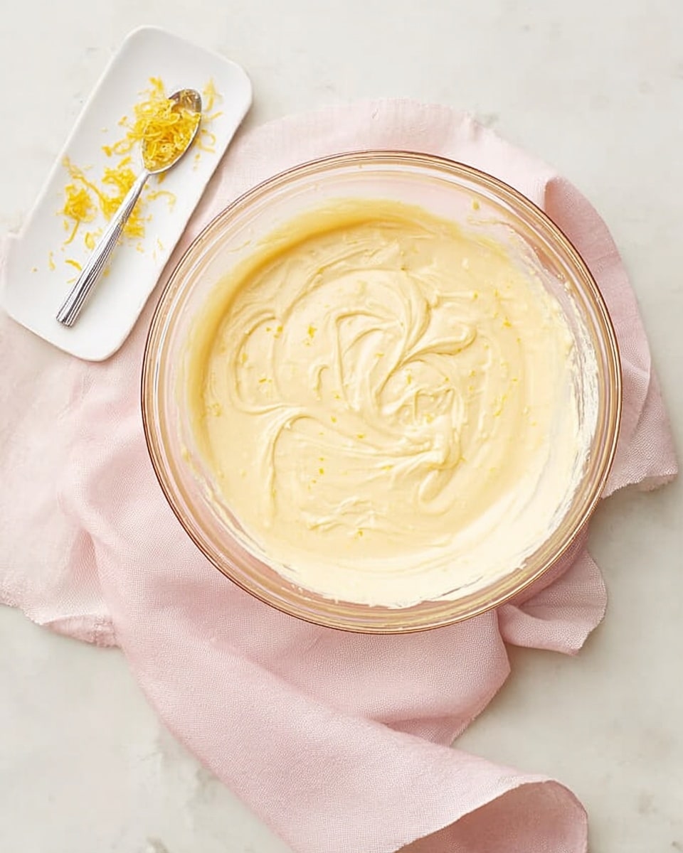 A clear glass bowl filled with smooth, creamy pale yellow batter, swirled softly on top, sits on a soft light pink cloth spread over a white marbled surface. Next to the bowl, there is a small white rectangular plate holding a silver spoon that has bright yellow lemon zest on it. The whole setup has a calm and clean look with soft lighting. photo taken with an iphone --ar 4:5 --v 7