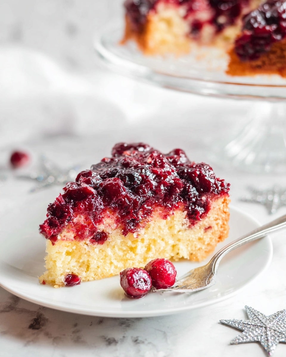 A slice of two-layer cake on a white plate sits on a white marbled surface. The bottom layer is yellow and soft with a crumbly texture. The top layer is made of dark red, juicy berries that look cooked and slightly mushy, covering the entire surface of the slice unevenly. A silver fork with three berries near its tip lies next to the slice on the plate. In the background, part of the whole cake rests on a clear glass cake stand and some blurry silver star-shaped decorations are visible. Photo taken with an iphone --ar 4:5 --v 7