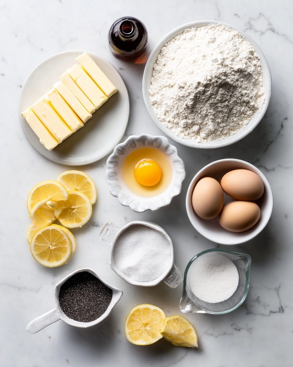 A top-down view of baking ingredients neatly placed on a white marbled surface, featuring a white plate with five thick slices of pale yellow butter arranged in a row on the left, next to a dark amber bottle; above, a white bowl filled with white flour with a soft, powdery texture fills the frame; beside it, a small white scalloped bowl holds a raw egg yolk, bright yellow and glossy; to the right, a clear glass measuring cup heaped with flour sits with some flour spilled around it; below, a white bowl holds three light brown eggs with a smooth texture; a small white scalloped bowl contains tiny black poppy seeds; near the bottom center, a small white measuring cup is filled with light brown sugar, showing a slightly crumbly texture; next to it, four lemon halves with bright yellow rinds and juicy interiors are scattered; another small white bowl holds large grains of white sugar; overall, the ingredients contrast nicely against the white marbled surface, creating a clean and bright composition photo taken with an iphone --ar 4:5 --v 7