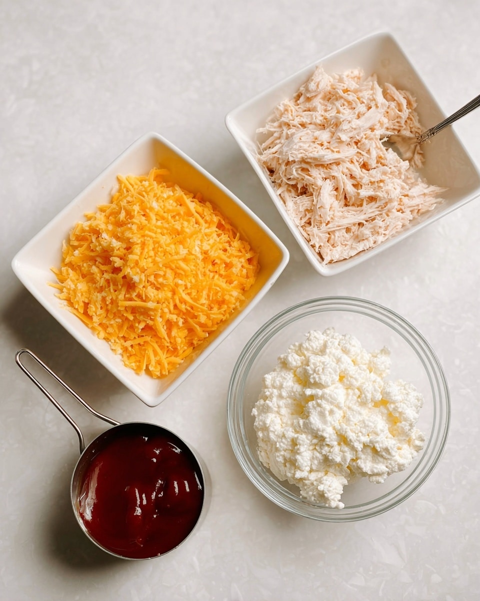 This image shows four separate bowls on a white marbled surface. The top right bowl is white and filled with shredded light pink chicken with a spoon resting inside. The top left bowl is square and white, filled with finely shredded orange-yellow cheddar cheese. The bottom right bowl is clear glass and contains white cottage cheese with a lumpy texture. The bottom left shows a metal measuring cup filled with dark red barbecue sauce. Photo taken with an iphone --ar 4:5 --v 7