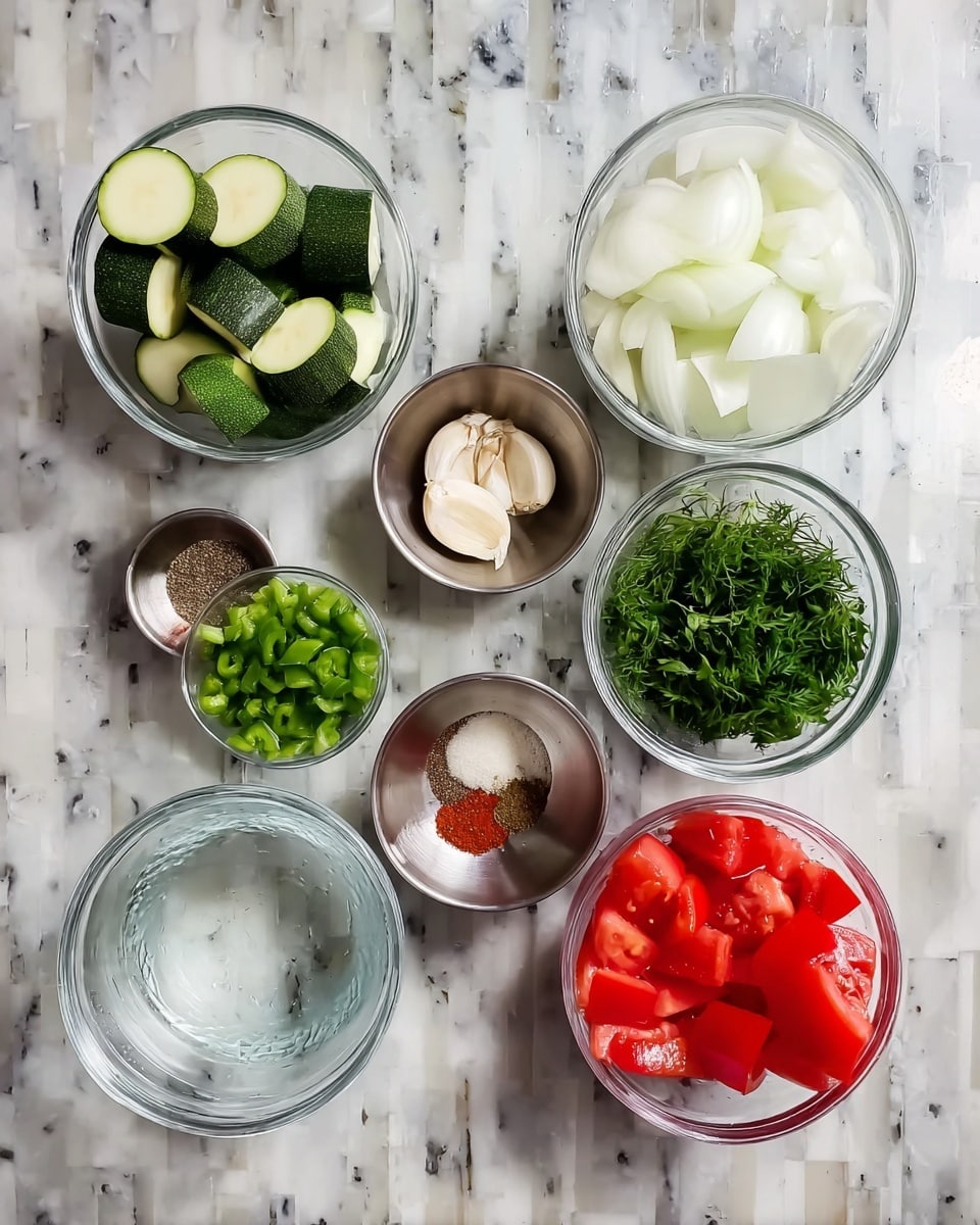 The image shows eight small clear and shiny silver bowls placed on a white marbled surface, each containing different fresh ingredients. The top row from left to right has a bowl with green zucchini chunks, another with big white onion pieces, a small silver bowl holding two whole peeled garlic cloves in water, and another small silver bowl with chopped green peppers. The bottom row from left to right has a bowl filled with thick red tomato wedges, an empty clear bowl with some water, a clear bowl with fresh green cilantro and dill leaves, and a small silver bowl containing different dry spices salt, ground chili, black pepper, and ground dried herbs arranged in separate sections inside the bowl. The photo taken with an iphone --ar 4:5 --v 7