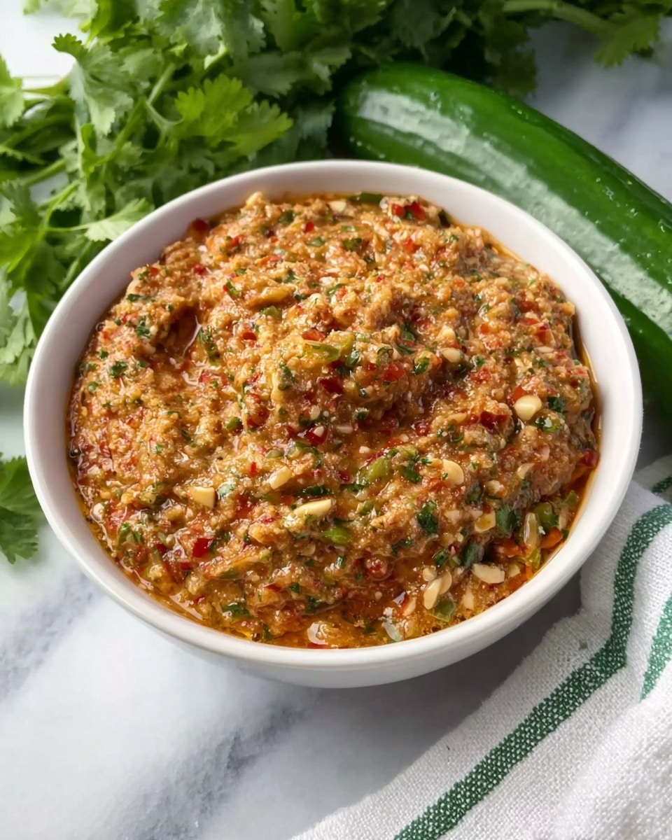 A white bowl filled with a thick, textured dip that has a mix of small chopped pieces in red, green, and light beige colors, suggesting ingredients like peppers, herbs, and nuts or seeds. The surface of the dip is slightly shiny with visible small chunks and finely chopped herbs mixed throughout. The bowl is set on a white marbled surface, with a green vegetable and fresh cilantro leaves placed behind it, adding a fresh touch to the scene. A white cloth with green stripes is partially visible at the side. The photo taken with an iphone --ar 4:5 --v 7