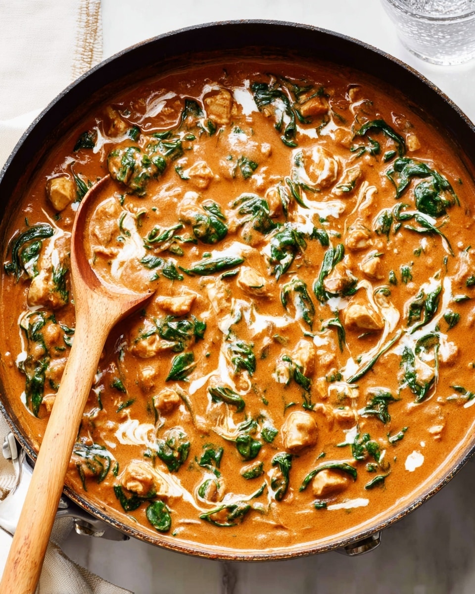 A close-up view of a deep pan filled with a thick orange-brown creamy sauce mixed with bright green spinach leaves and small light beige chunks of chicken scattered throughout. The sauce has some white cream swirled in, adding a marbled effect on top. A wooden spoon rests in the bottom left corner of the pan, partially immersed in the sauce. The pan sits on a white marbled surface, and part of a clear glass and white napkins are slightly visible in the blurred background. photo taken with an iphone --ar 4:5 --v 7