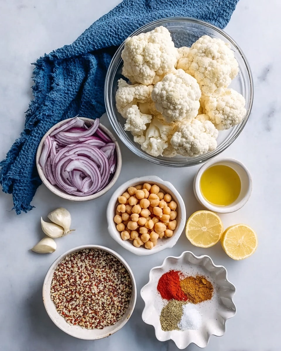 The image shows a flat layout of various fresh ingredients arranged on a white marbled surface. At the top, there is a clear glass bowl filled with several large, white cauliflower florets with rough textures. To the right of the bowl, two lemon halves are placed showing their bright yellow interior. Below the cauliflower, a small white bowl contains round, beige chickpeas with a smooth texture. Next to the chickpeas is a small white cup filled with golden olive oil. A white scalloped dish holds a mix of differently colored spices: bright red chili powder, greenish-brown ground cumin, and white salt, each forming a separate patch inside the dish. Two cloves of peeled garlic rest beside the spice dish. On the left side of the chickpeas, a white bowl contains thinly sliced, curved purple onion strips with visible layers. At the bottom left corner, a small mound of mixed tri-color quinoa lies directly on the marble surface, showing beige, red, and black grains mixed. A dark blue cloth with visible fibers lies folded on the top-left corner of the image. The scene is brightly lit, showing crisp details and natural colors. Photo taken with an iphone --ar 4:5 --v 7