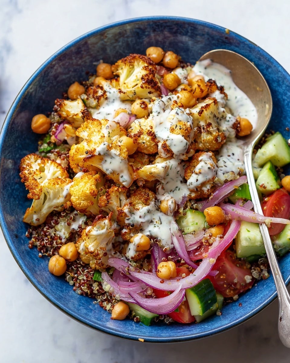 A blue bowl filled with a colorful layered salad on a white marbled surface, showing one main layer of roasted cauliflower florets with browned edges, mixed with light brown chickpeas and red quinoa grains spread evenly. Underneath, diced green cucumbers and pinkish diced tomatoes add fresh contrast, along with thin slices of sautéed red onions. On top, a white creamy sauce with visible black pepper specks is drizzled, partially covering the cauliflower and chickpeas. A silver spoon rests in the bowl, angled on the right side. Photo taken with an iphone --ar 4:5 --v 7