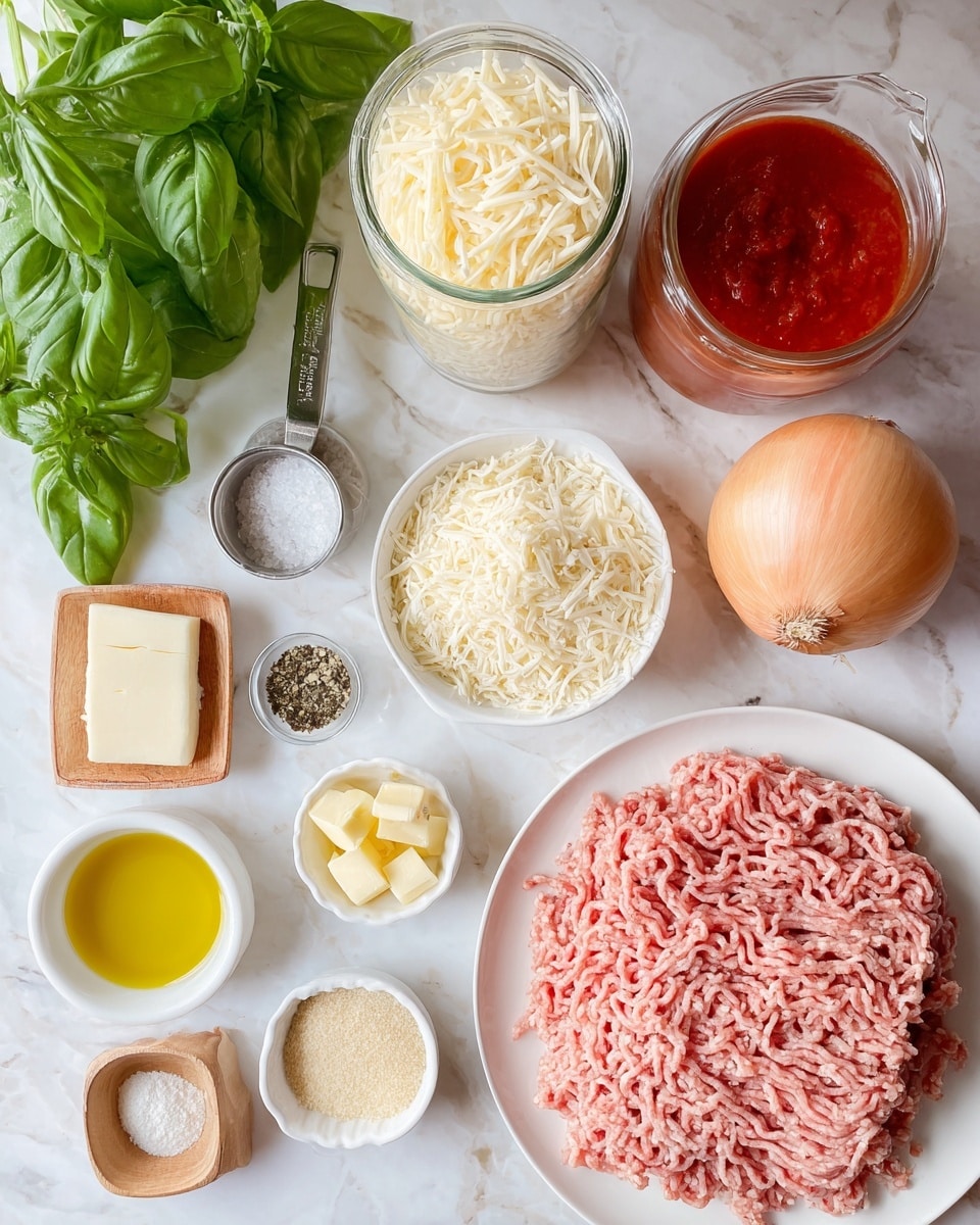 The image shows ingredients laid out on a white marbled surface. At the center bottom, there is a white plate with light pink ground meat spread out in thin layers. Above it, a glass jar is filled with shredded pale yellow cheese. To the jar’s right, a white bowl holds finely grated off-white cheese, and above it, a metal measuring cup contains light beige breadcrumbs. On the right side, a whole light brown onion sits next to a glass jar filled with red sauce. On the left side, a bunch of fresh green basil leaves fills part of the frame. Small white bowls and a wooden dish contain yellow olive oil, light yellow butter cubes, and various seasonings in pale yellow, white, and green colors. A whole garlic bulb sits near the cheese and spices. The arrangement is neat and clear, with all ingredients visible. Photo taken with an iphone --ar 4:5 --v 7