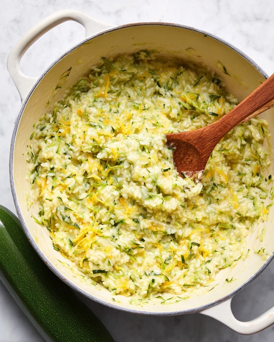 A large white pot filled with soft, creamy rice mixed with shredded green zucchini and melted yellow cheese. The texture looks slightly sticky with small rice grains and green flecks evenly spread throughout. A wooden spoon is stirring the mixture, resting inside the pot. The pot is placed on a white marbled surface, and a whole green zucchini is visible next to it. Photo taken with an iphone --ar 4:5 --v 7