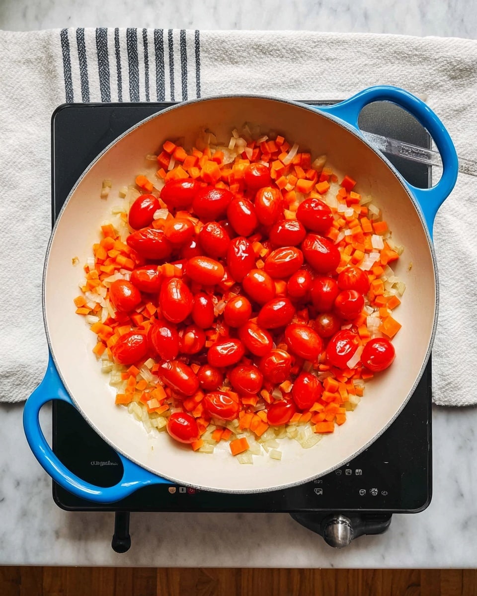 A white pan with blue handles holds a layer of small chopped light orange carrots mixed with small pieces of light yellow and white onions spread evenly on the bottom. On top of this, a layer of bright red whole cherry tomatoes covers the carrot and onion mix, shining with a light coating of oil. The pan is placed on a black electric stove, next to a white towel with dark gray stripes, all set on a white marbled surface. photo taken with an iphone --ar 4:5 --v 7
