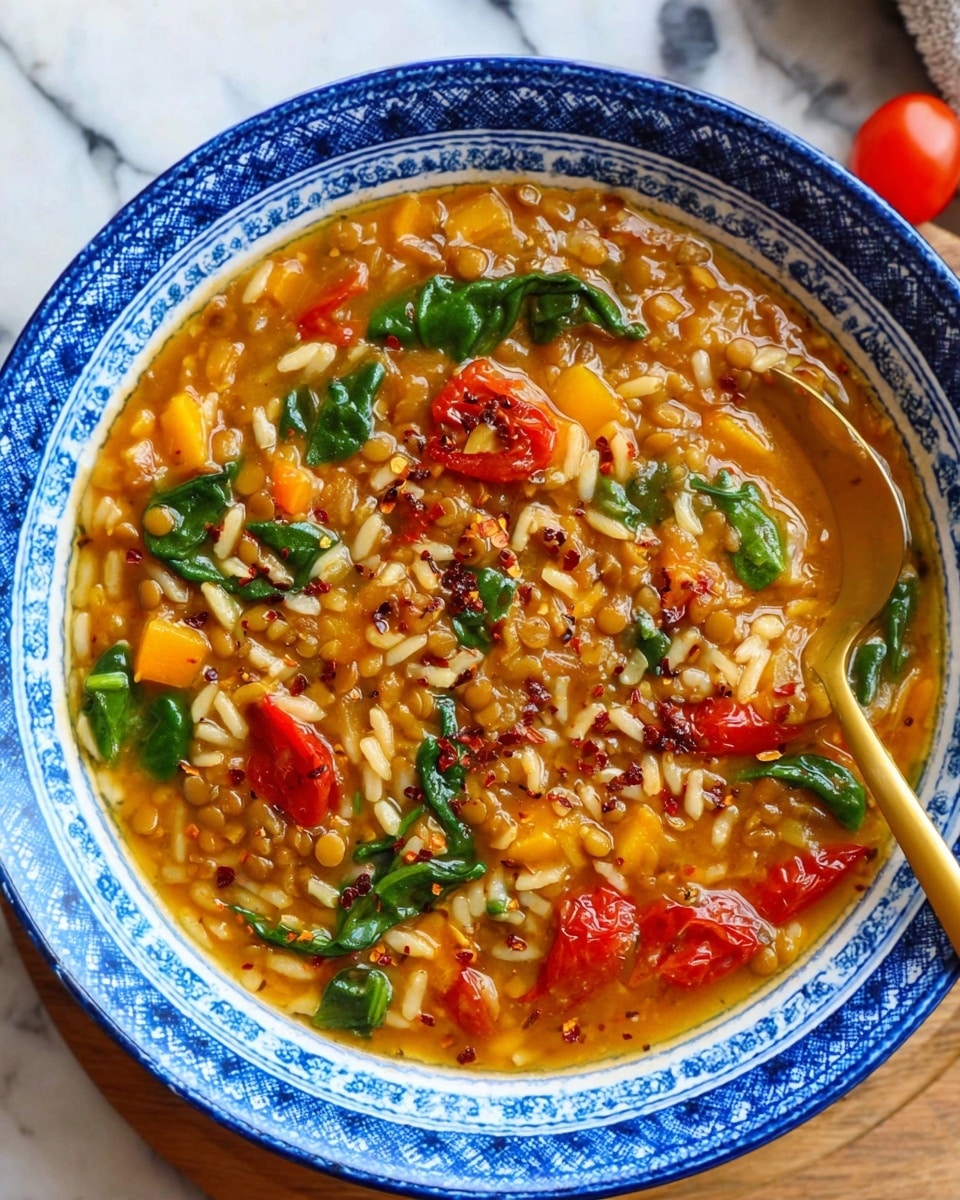 A close-up top view of a bowl of lentil and orzo soup, served in a blue and white patterned bowl placed on a white marbled wooden surface. The soup has multiple layers including small light brown lentils interspersed with yellow-orange diced vegetables, bright red cherry tomato chunks, and scattered green spinach leaves. The broth is golden and slightly thick with visible spices and chili flakes that add texture and color. A golden spoon is placed inside the bowl on the right side, lightly submerged in the soup. The edges of the bowl have a decorative blue border that contrasts with the warm colors inside. Photo taken with an iphone --ar 4:5 --v 7