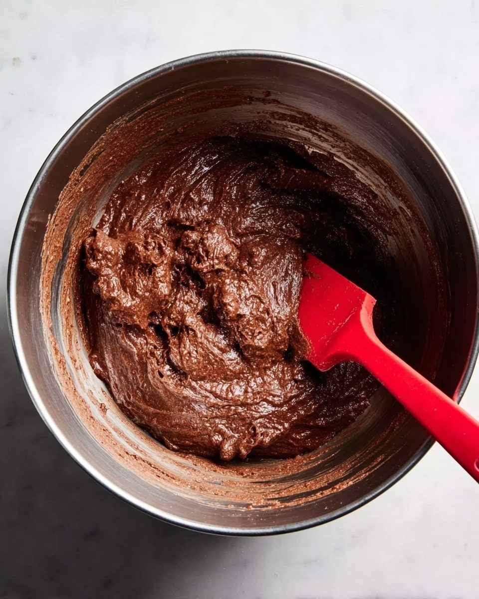 The image shows a close-up of a large metal mixing bowl filled with thick, dark brown chocolate batter. The batter appears smooth with some small lumps, spread evenly inside the bowl. A red spatula is partially submerged in the batter, resting on the right side of the bowl. The bowl is placed on a white marbled surface, adding contrast to the dark batter. The lighting highlights the texture and shine of the chocolate mix. photo taken with an iphone --ar 4:5 --v 7