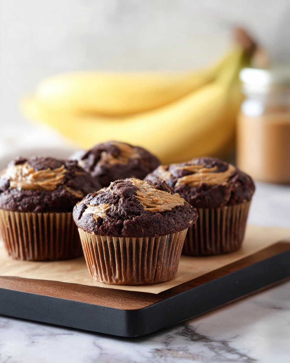 Four dark brown chocolate muffins with lighter brown peanut butter swirled on top sit on a small wooden board with a black edge. The muffins have a slightly cracked, rough texture on top and are wrapped in brown paper liners. The background shows a soft-focused bunch of yellow bananas and a jar with light brown contents on a white marbled surface. Photo taken with an iphone --ar 4:5 --v 7
