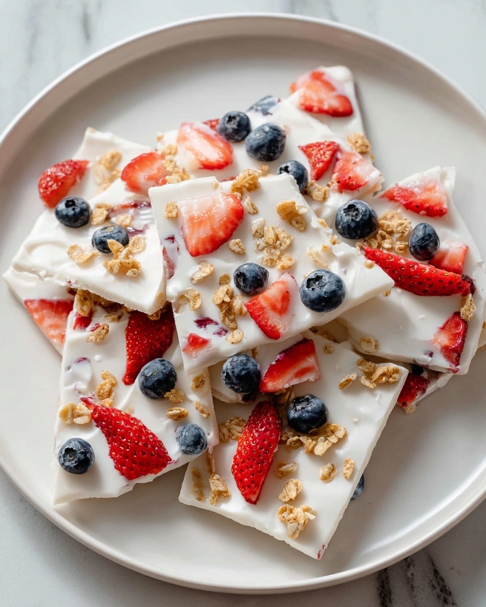 A white plate holds several irregular pieces of frozen white yogurt bark scattered in a shallow pile. Each piece features a bright white creamy yogurt base, embedded with sliced red strawberries and whole plump blue blueberries. Small clusters of golden granola pieces are sprinkled evenly on top, adding texture and warm color contrast. The yogurt bark has a smooth, slightly glossy surface with fruit and granola pressed into the top layer. The plate sits on a white marbled surface photo taken with an iphone --ar 4:5 --v 7
