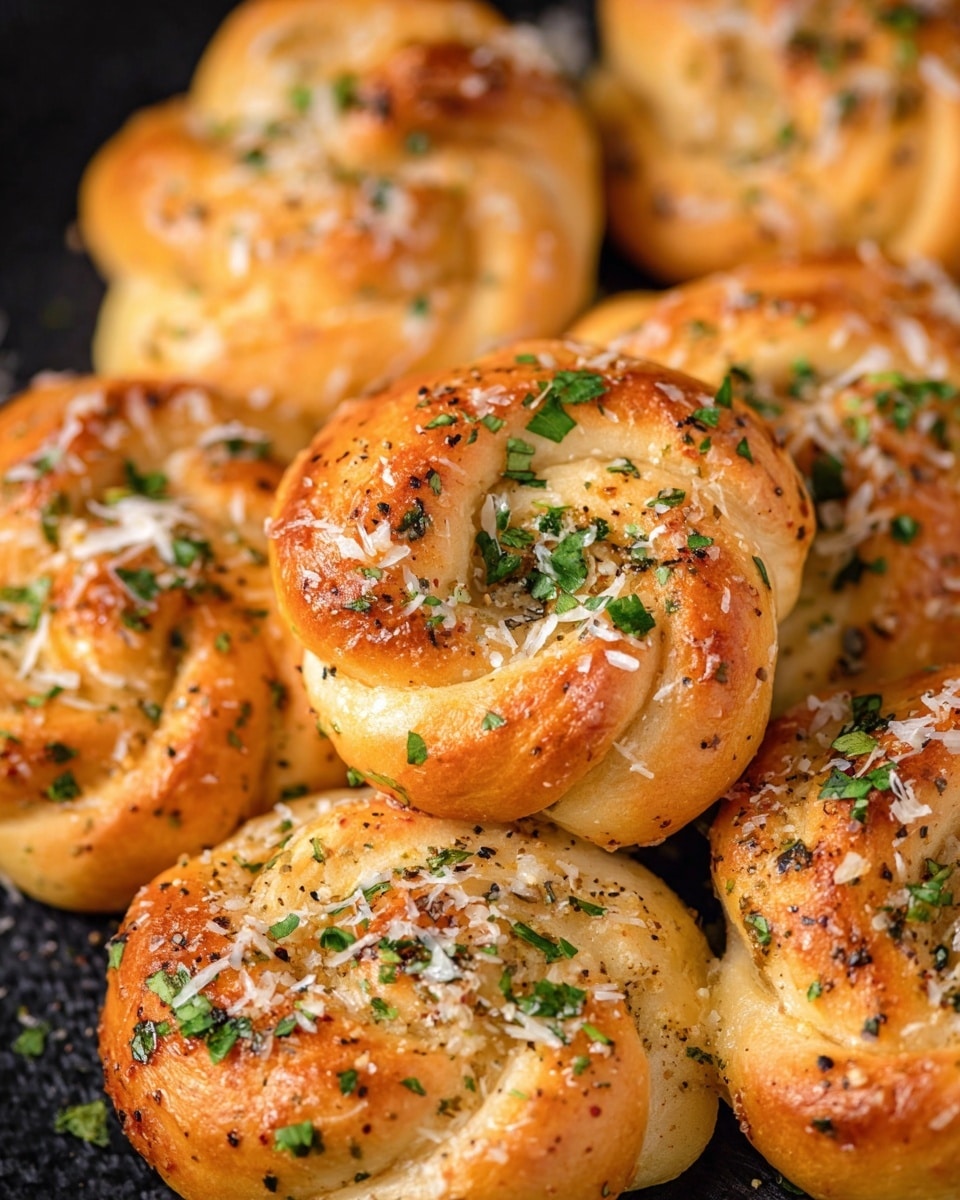 The image shows a close-up view of several golden-brown knotted rolls with a soft, slightly shiny texture. Each roll is sprinkled on top with finely chopped fresh green herbs and small white shreds of cheese, along with visible black pepper flakes. The rolls have a smooth, rounded shape with light browning on the twisted sections, giving a warm and fresh-baked look. They are placed closely together on a black surface that contrasts with the light color of the rolls, highlighting their texture and toppings. photo taken with an iphone --ar 4:5 --v 7