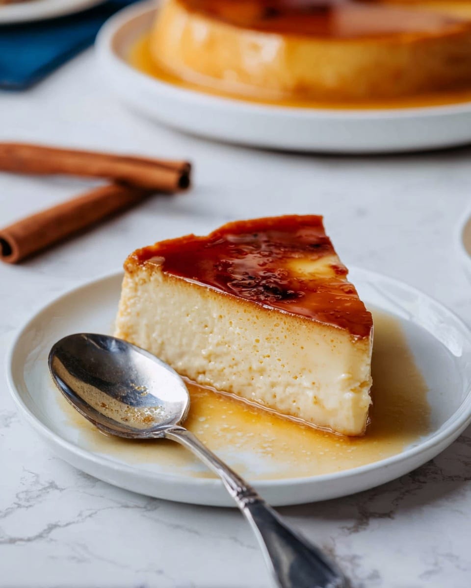 A close-up of a single slice of smooth, creamy flan with a glossy caramel layer on top in light brown and golden colors, sitting on a white plate. The flan slice shows one thick pale yellow custard layer beneath the shiny caramel glaze, with a slightly soft texture at the bottom part. Next to the slice lies a silver spoon with a reflective surface. In the background, there is a larger round flan on another white plate, and two cinnamon sticks rest on the white marbled surface. Photo taken with an iphone --ar 4:5 --v 7