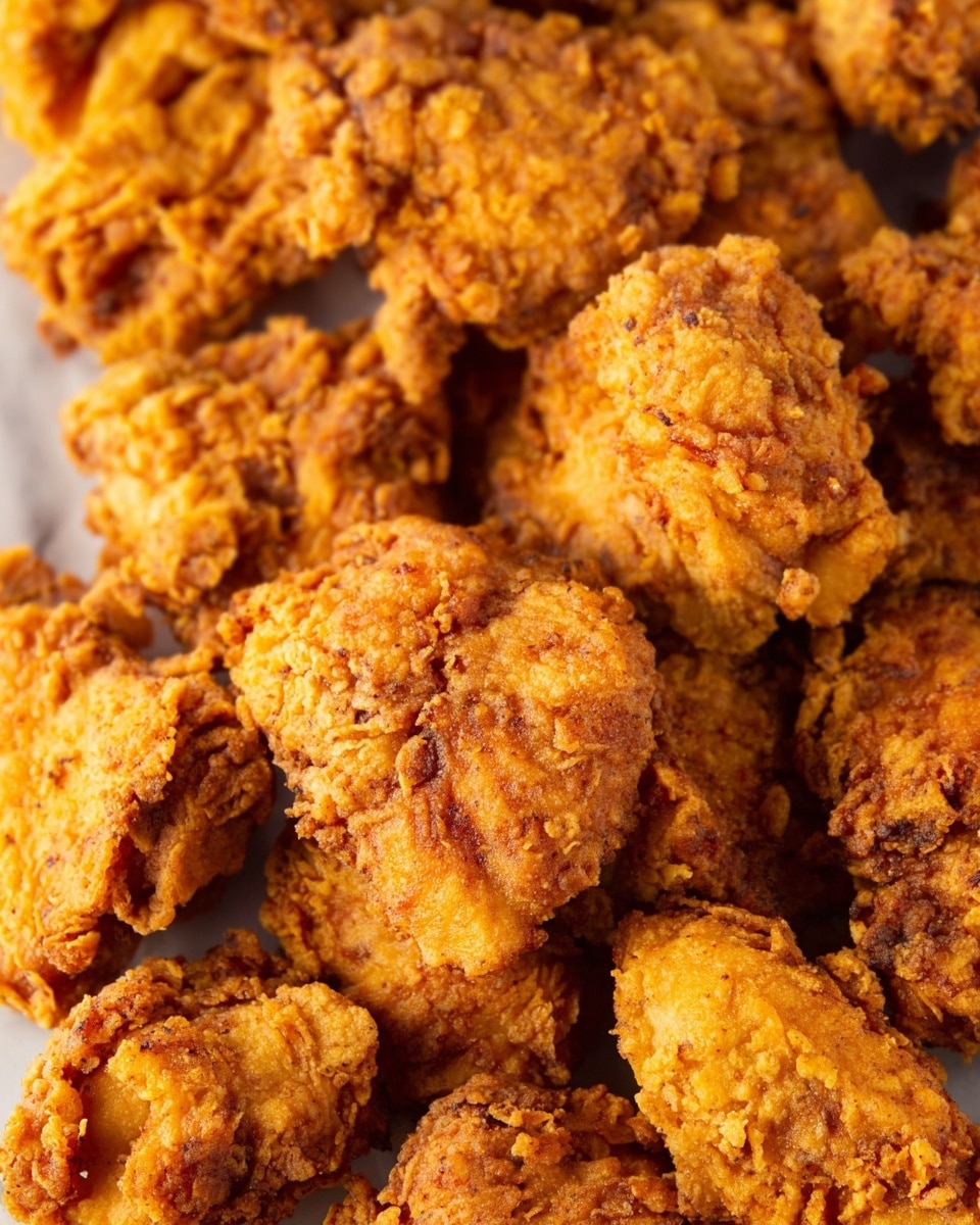 A close-up image showing many pieces of crispy fried chicken piled together, each piece coated with a rough, crunchy golden-brown crust that has small cracks and flakes. The chicken pieces vary in size and shape, with some showing a slightly darker fried color in certain areas, giving a textured and crunchy look. The photo is focused tightly on the chicken, filling the frame with no visible plate or background beyond a white marbled texture. photo taken with an iphone --ar 4:5 --v 7