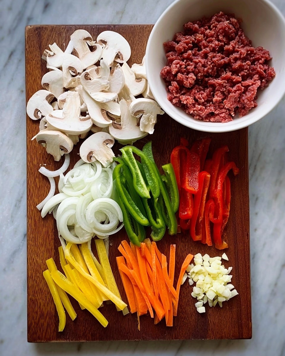The image shows a wooden board covered with neatly arranged sliced vegetables and minced meat. On the top left, there are many white mushroom slices with smooth, curved edges. Below the mushrooms, white onion slices form a small pile with soft, translucent layers. Next to the onions, there are bright green bell pepper strips, long and straight. To the right of these, thin red bell pepper strips add a bright color. At the bottom left, thin yellow strips of ginger are placed closely together. Beside ginger, there are thin orange carrot sticks stacked neatly. On the bottom right corner, a small pile of minced garlic cloves is placed. Above all veggies, a large white bowl tilted on the right holds red minced meat mixed with bits of garlic. The background is a white marble texture. Photo taken with an iphone --ar 4:5 --v 7