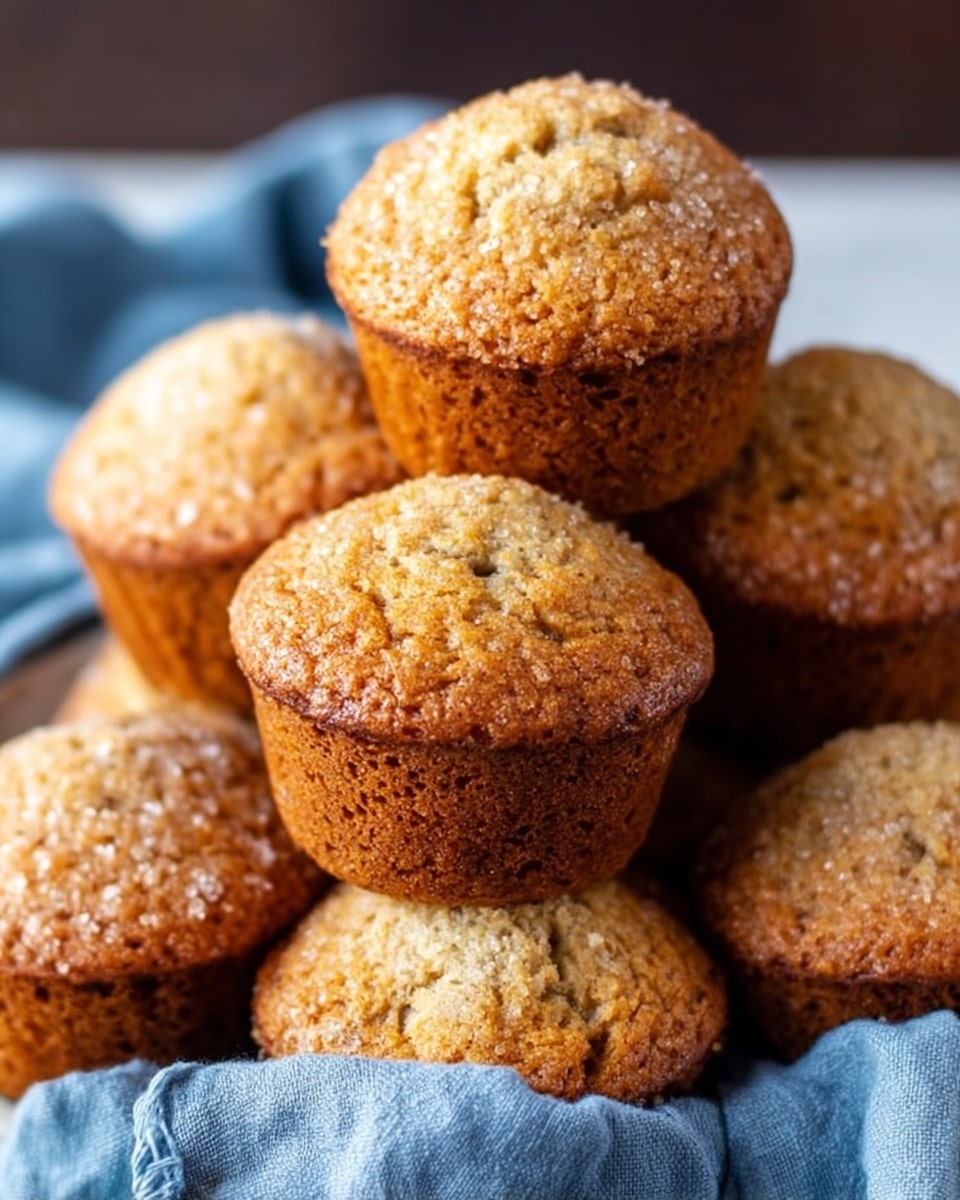 A close-up view of a stack of golden brown muffins with a slightly rough texture on top, sprinkled with sugar crystals. The muffins have round, domed tops with small cracks and a soft crumbly look. They are sitting on a white marbled surface with a crumpled blue cloth beneath them, creating a cozy and warm feeling. The muffins are packed closely together, some standing upright and others leaning against each other in a casual pile. photo taken with an iphone --ar 4:5 --v 7
