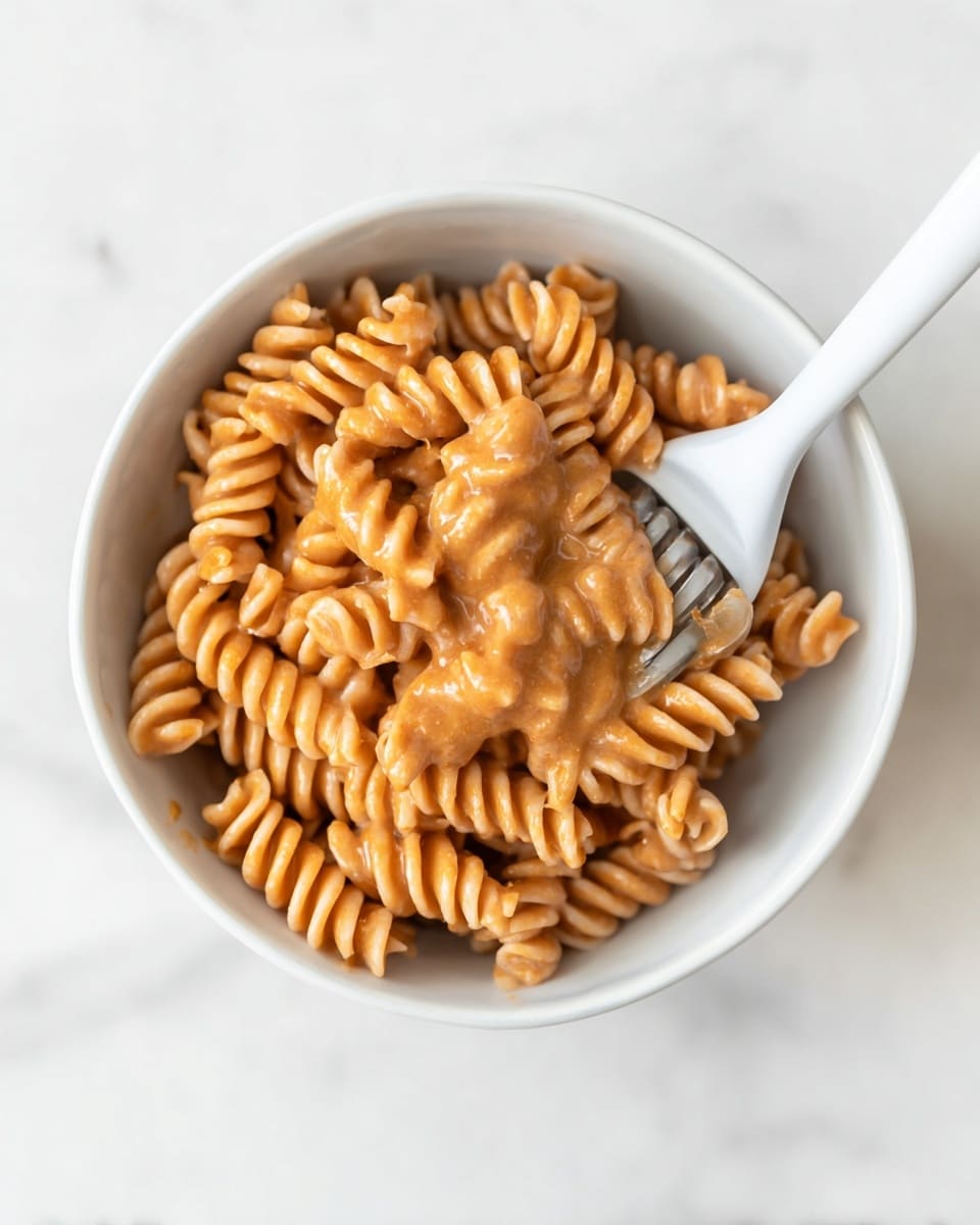 The image shows a close-up view of a white bowl filled with spiral-shaped pasta covered in a smooth, light brown sauce. The pasta is tightly packed, creating a textured surface with soft curves and little ridges. A white spoon with a thick handle is placed inside the bowl, resting on the right side of the pasta, and the whole setup is on a white marbled surface. photo taken with an iphone --ar 4:5 --v 7