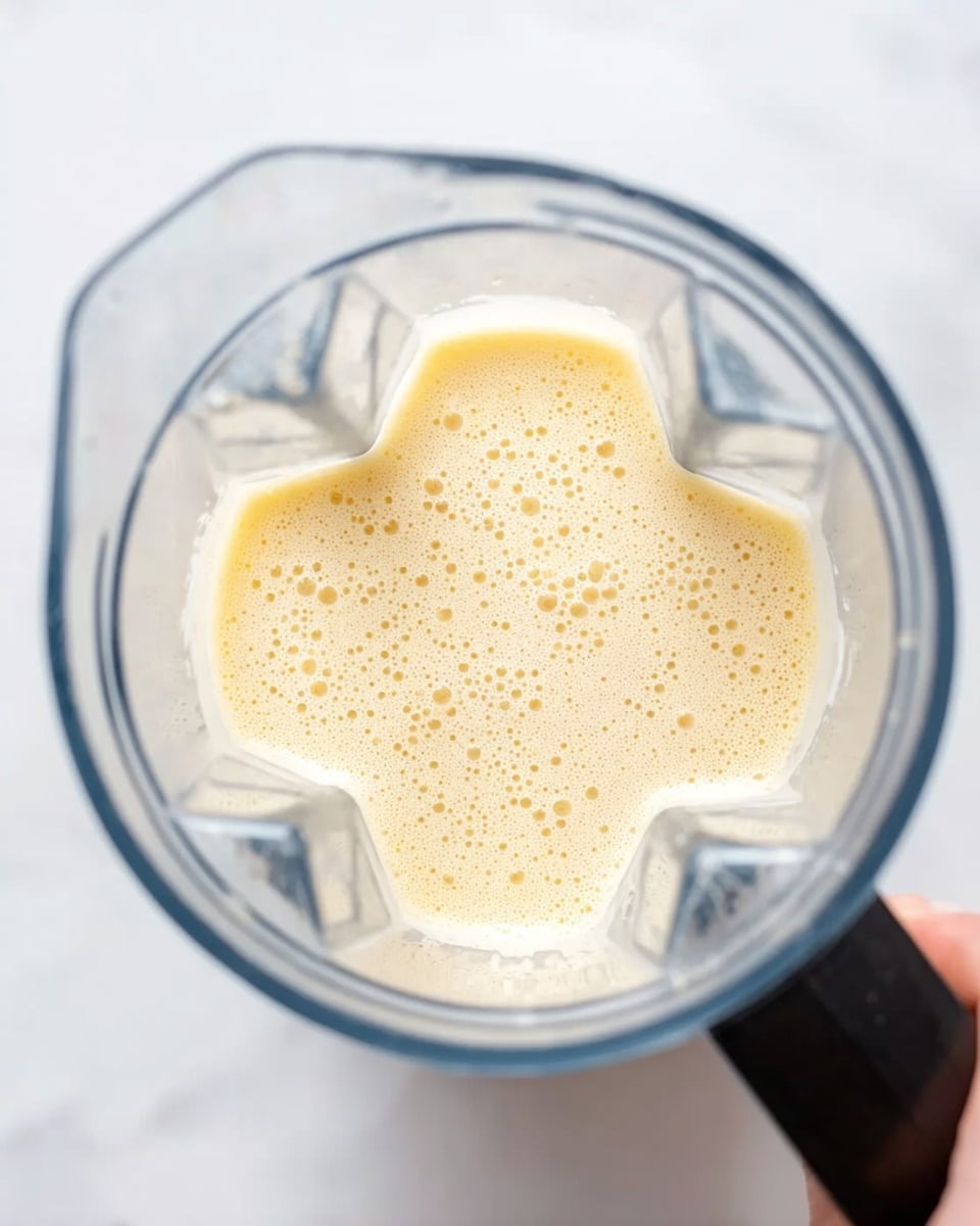 A clear blender jar is shown from above, filled with a light yellow frothy mixture that has small bubbles scattered across the surface. The blender container has four blades visible at the bottom edges inside. In the top right corner, a woman's hand is holding the jar. The background is a white marbled texture. photo taken with an iphone --ar 4:5 --v 7