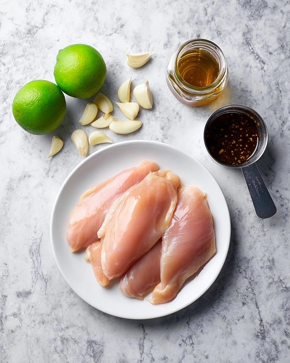 A white plate sits on a white marbled surface, holding five raw chicken fillets, light pink and smooth, slightly overlapping each other in two layers. To the left, two whole bright green limes rest, and above the plate, six peeled garlic cloves are scattered. To the right of the plate, a small metal measuring cup with dark brown liquid inside and a clear glass jar filled with a similar dark brown liquid with a silver lid are placed. Photo taken with an iphone --ar 4:5 --v 7