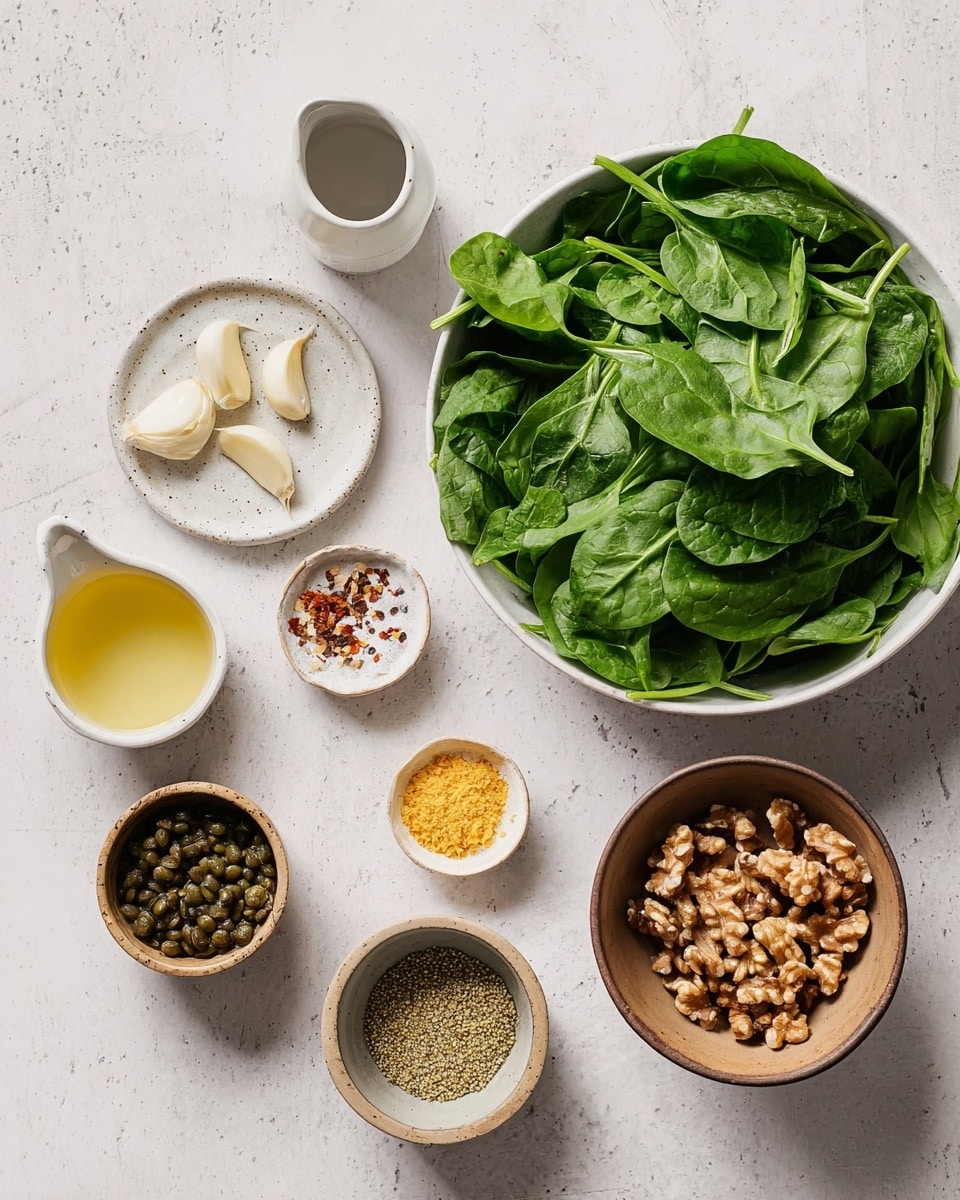 The image shows several bowls and a plate arranged on a white marbled surface. There is one large white bowl filled with fresh green spinach leaves on the top right, and one brown bowl filled with more leafy greens near the center. A small white plate holds four peeled garlic cloves, a small pile of yellow zest, white salt, black pepper, and red chili flakes, arranged in separate small piles. Nearby, a small white jug contains a light yellow liquid. Another small brown bowl is filled with capers, and a separate brown bowl holds walnut pieces. At the bottom right, a small beige bowl contains a light yellow powder. Another small white jug is present with a darker liquid inside. The scene is well-lit, clean, and focused on fresh ingredients. photo taken with an iphone --ar 4:5 --v 7