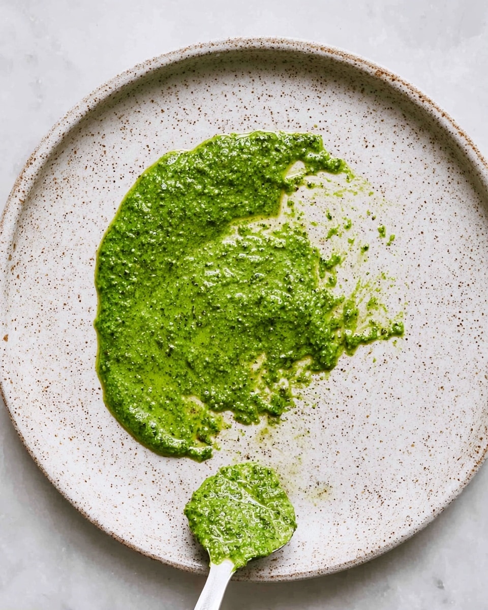 A single layer of bright green pesto sauce with a coarse, slightly oily texture is spread unevenly on a round, white plate with a speckled pattern. A white spoon with a small mound of pesto on it lies towards the bottom right of the plate, touching the sauce. The plate sits on a white marbled surface. photo taken with an iphone --ar 4:5 --v 7