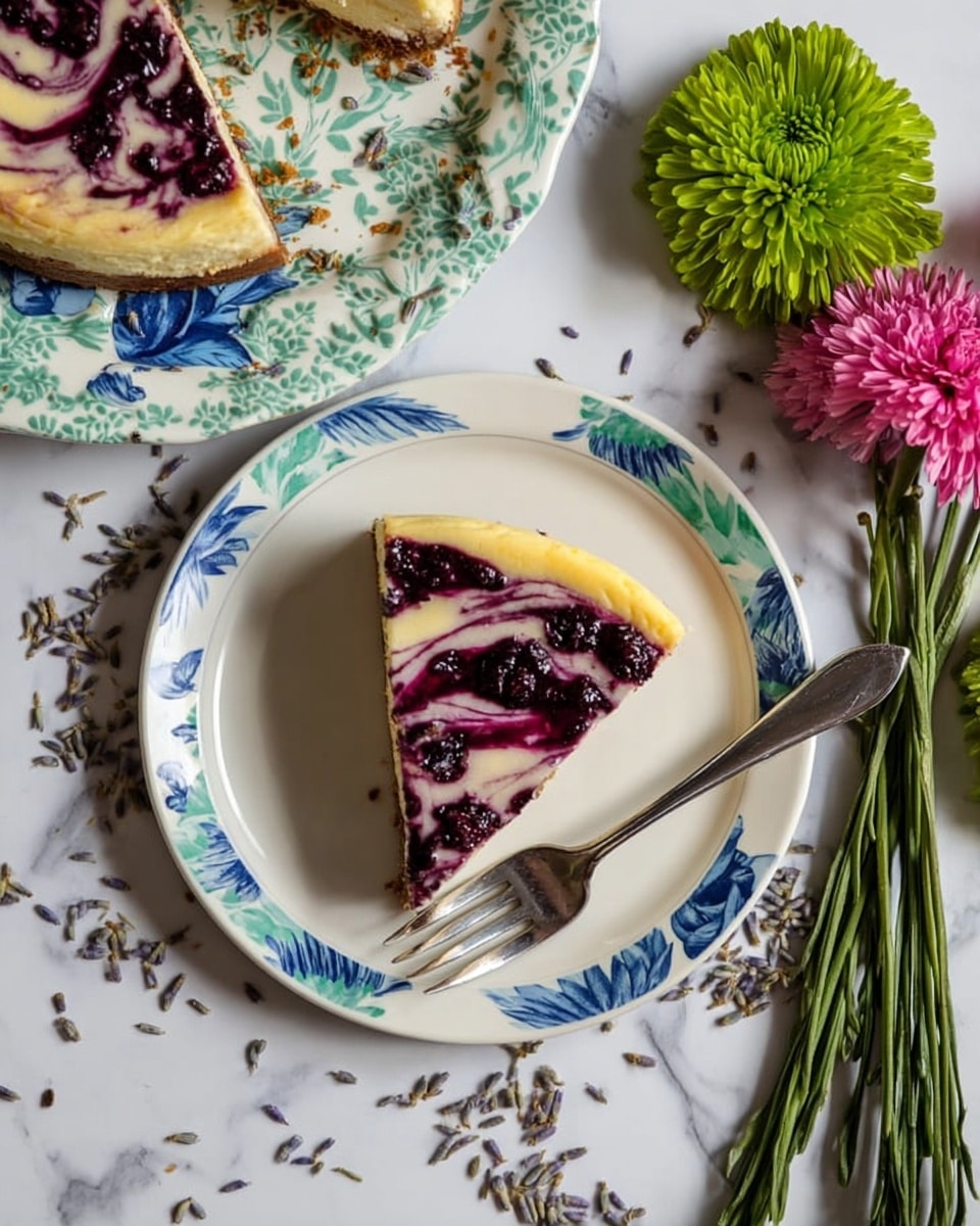 A slice of cheesecake is placed on a white plate, which is on top of a larger plate with blue, green, and turquoise floral patterns. The cheesecake has two main layers: a creamy yellow base and a dark purple berry topping with white swirls creating a marbled effect. A silver fork lies next to the cheesecake on the smaller plate. The scene is set on a white marbled surface sprinkled with small dried lavender buds. To the right, a bunch of green leafy stems and two flowers, one green and one pink, are arranged as decoration. Part of another cheesecake can be seen in the top left corner of the image. Photo taken with an iphone --ar 4:5 --v 7