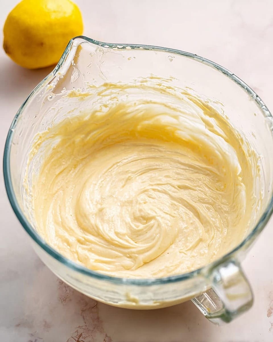 A clear glass mixing bowl filled with creamy, pale yellow batter that has a smooth, thick texture with visible swirls from mixing, placed on a white marbled surface. In the background, there is a whole bright yellow lemon slightly out of focus. The bowl's handle and measurement markings are visible on the side. The light shines evenly, making the batter look soft and fresh photo taken with an iphone --ar 4:5 --v 7