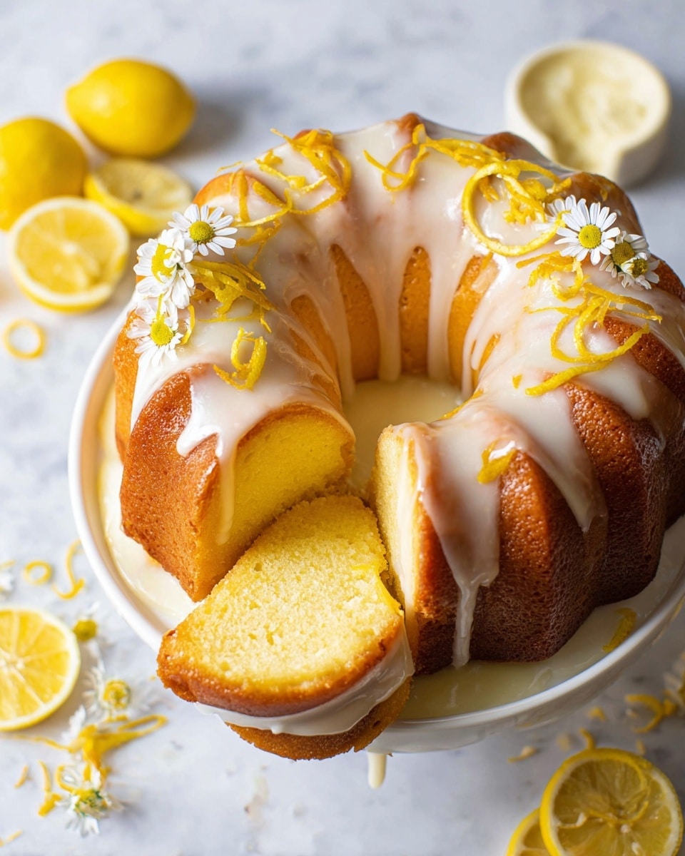 A bright yellow bundt cake sits on a white plate with a smooth lemon glaze dripping down its ridges. Three thick slices of the cake are cut and placed leaning against the main cake, showing a soft, moist inside with a light texture. Thin, curled lemon zest strands are scattered on top of the cake and slices, along with small white daisy flowers with yellow centers for decoration. In the background, whole and sliced lemons add extra color, all set on a white marbled surface. The photo taken with an iphone --ar 4:5 --v 7