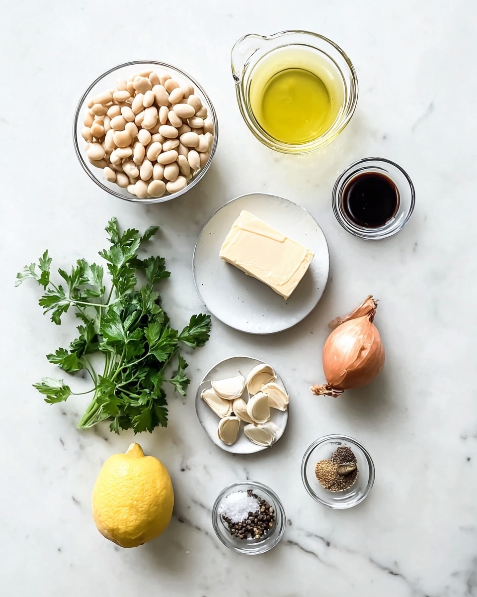 A white marbled surface holds various cooking ingredients arranged in a loose vertical line from top to bottom. At the top left is a clear glass bowl filled with many light beige beans, smooth and rounded. To its right is a small clear glass cup filled with light yellow oil. Below these, a small clear bowl contains a thick, pale yellow cube of butter, and next to it is a small white plate holding a square piece of hard pale cheese with a rough texture. Below to the left is a bunch of fresh green parsley with jagged leaves, and next to it is a whole bright yellow lemon. Further down is a light brown shallot with its skin mostly intact, and to the left of that, several peeled garlic cloves. Near the bottom right are several small clear bowls, one with tiny pieces of dark brown anchovies, one with coarse white salt and black pepper, one with mustard seeds, and one with dark soy sauce. The scene is lit with soft natural light. Photo taken with an iphone --ar 4:5 --v 7