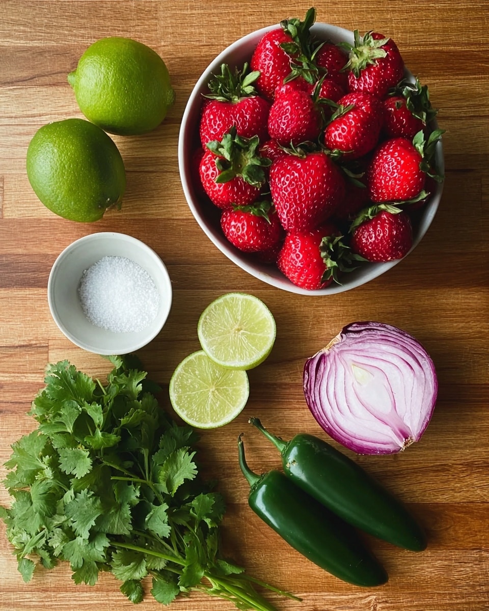 A bowl filled with bright red strawberries with green leaves sits on the right side of a wooden surface. To the left, there is one whole bright green lime and two lime halves showing juicy light green inside. Below the limes, there is a small white bowl holding white salt. On the lower part of the wooden surface, there is a bunch of fresh green cilantro with stems and two shiny dark green jalapeño peppers side by side. To the right of the cilantro, a purple onion is sliced in half showing white and purple layers inside. The whole scene rests on a white marbled texture. photo taken with an iphone --ar 4:5 --v 7