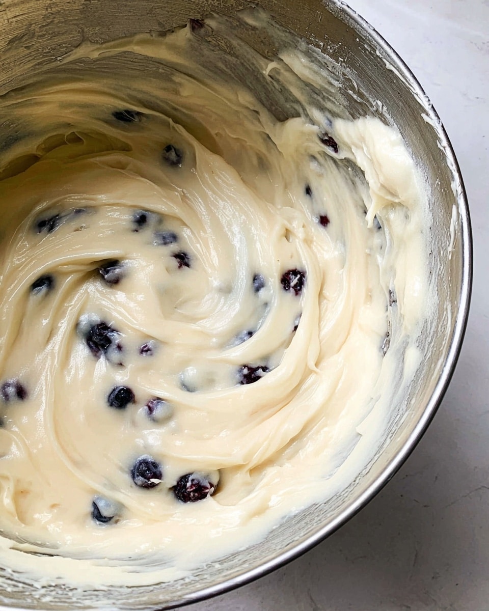 A close-up view inside a shiny metal bowl filled with one thick creamy layer of light beige batter mixed with small dark blue or black berries swirl through it, showing smooth and soft texture with some batter sticking to the bowl's sides, all placed on a white marbled textured surface photo taken with an iphone --ar 4:5 --v 7