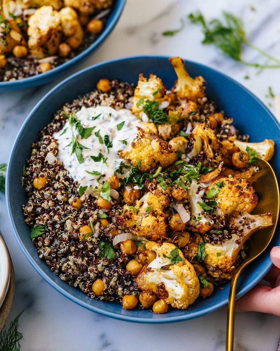 A blue bowl filled with three main layers: the bottom layer is a mix of black and white quinoa with small round chickpeas, the middle layer consists of golden-brown roasted cauliflower florets with a slightly crispy texture, and the top layer has a dollop of white creamy sauce garnished with chopped green herbs. The bowl sits on a white marbled surface, and a golden spoon is placed inside the bowl resting on the right side. Some green herbs are scattered around the bowl, and part of a woman's hand holding a similar bowl is visible on the right edge. photo taken with an iphone --ar 4:5 --v 7