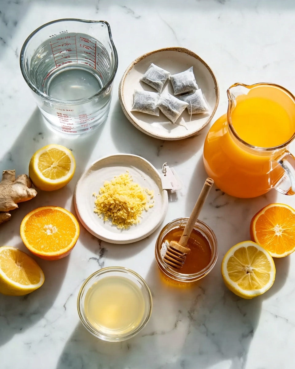 The image shows a white marbled surface with several clear glass containers and small white dishes arranged neatly. On the left, there is a large clear glass measuring cup filled with water, next to a white bowl holding six tea bags with tags. In the center, there is a small white plate with a pile of finely grated yellow ginger. To the right, a clear glass pitcher full of bright orange juice sits beside a small glass jar of honey with a wooden dipper. Below the honey jar is a small clear glass with a light yellow liquid, possibly lemon juice. Halved lemons and oranges are placed around the cups, adding bright yellow and orange colors. The whole setup is clean, bright, and fresh, with natural light shining on the items. photo taken with an iphone --ar 4:5 --v 7