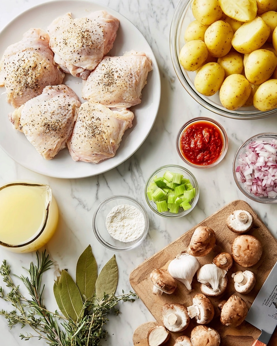 The image shows a white plate with five raw chicken thighs sprinkled with black pepper, placed in the upper left corner on a white marbled surface. To the right, a clear glass bowl is filled with halved small yellow potatoes. Below the plate are small clear bowls containing finely chopped red onions with a green bay leaf, chopped green celery, white flour, and a red tomato paste. Fresh green herbs, including rosemary and thyme, are spread below the potato bowl. A clear glass jug filled with light yellow broth is near the bottom left, and a wooden cutting board with whole and sliced brown mushrooms, garlic cloves, and a knife is on the right side. Photo taken with an iphone --ar 4:5 --v 7