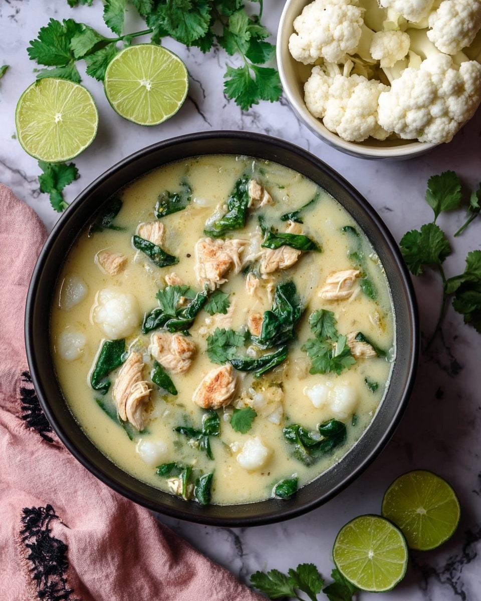 A black bowl filled with a creamy soup that has several layers: light yellow broth as the base, mixed with small white cauliflower florets scattered throughout, tender pieces of light brown cooked chicken evenly spread, and fresh dark green spinach leaves and cilantro leaves floating on top. Beside the bowl are two green lime halves and a white bowl with more white cauliflower florets. The background is a white marbled texture with some green cilantro leaves and spinach scattered around, and a soft pink cloth with black trim near the bottom left corner. Photo taken with an iphone --ar 4:5 --v 7