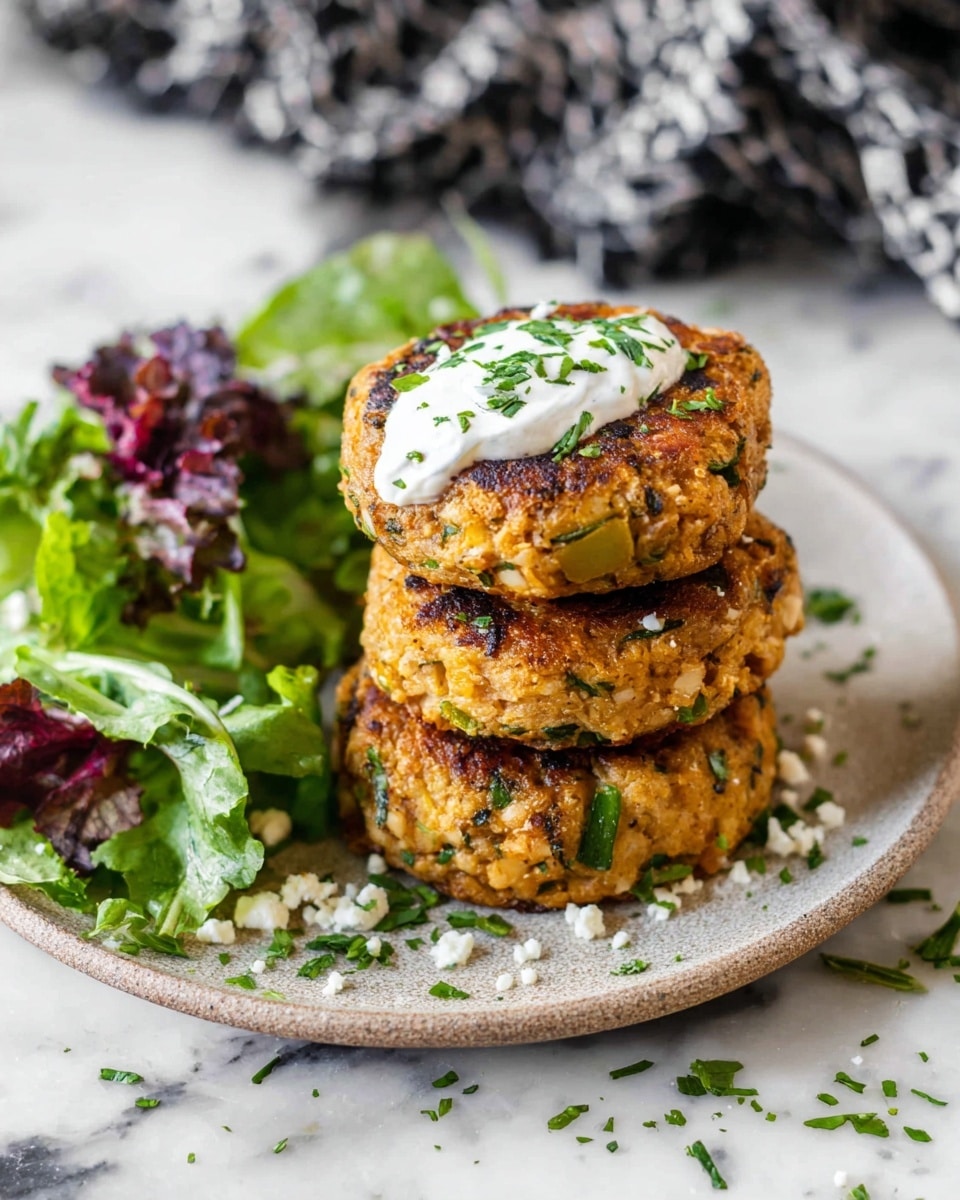The image shows three golden-brown patties stacked on a white plate with a slightly rough texture. Each patty has a crispy, seared outer layer speckled with green herbs and small vegetable pieces, giving them a chunky texture. On top of the patties, there is a dollop of white creamy sauce sprinkled with finely chopped green herbs. Next to the patties, there is a small bunch of fresh mixed greens with some leaves having a deep purple color, and a light sprinkling of white crumbly cheese on them. The plate sits on a white marbled surface with scattered green herb pieces around it. In the background, there is a blurred cloth with a black and white pattern. photo taken with an iphone --ar 4:5 --v 7
